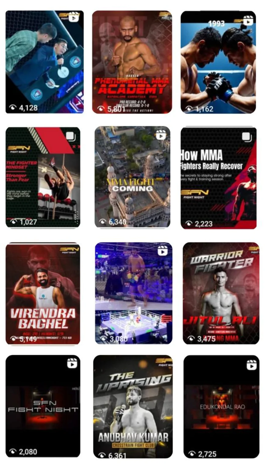 SFN reels analytics grid showing view counts per post